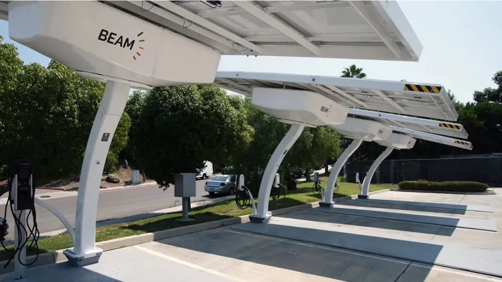 Beam Global EV ARC solar-powered charging stations installed in Stanislaus County, California, providing off-grid EV fleet charging with on-site renewable energy.