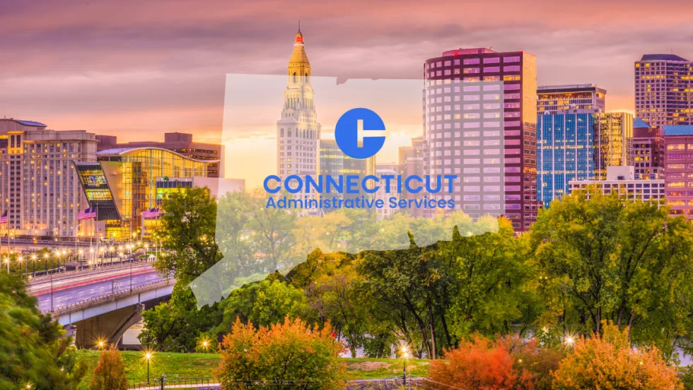 CT outline over a picture of a CT town with the DAs logo over it