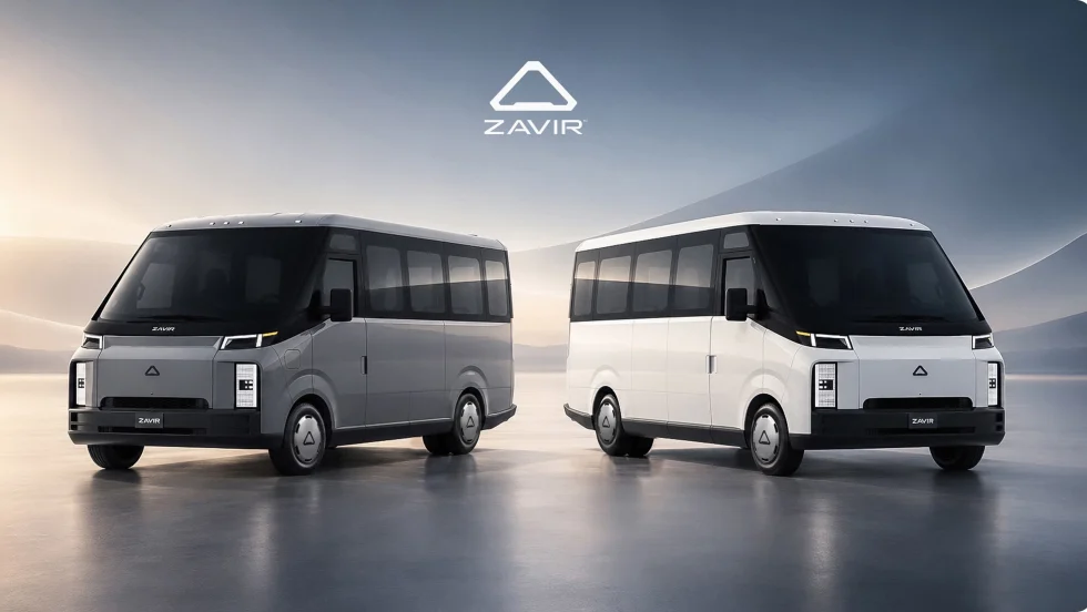 Two buses with a logo above them.