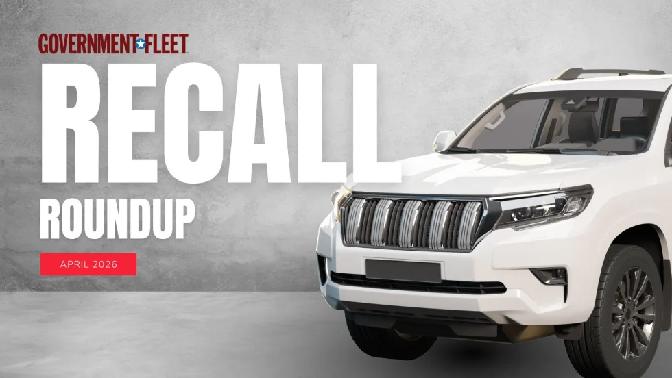 Graphic for Government Fleet’s March 2026 Recall Roundup showing a white SUV and bold text reading “RECALL ROUNDUP” with a red tag labeled “April 2026” on a concrete background.