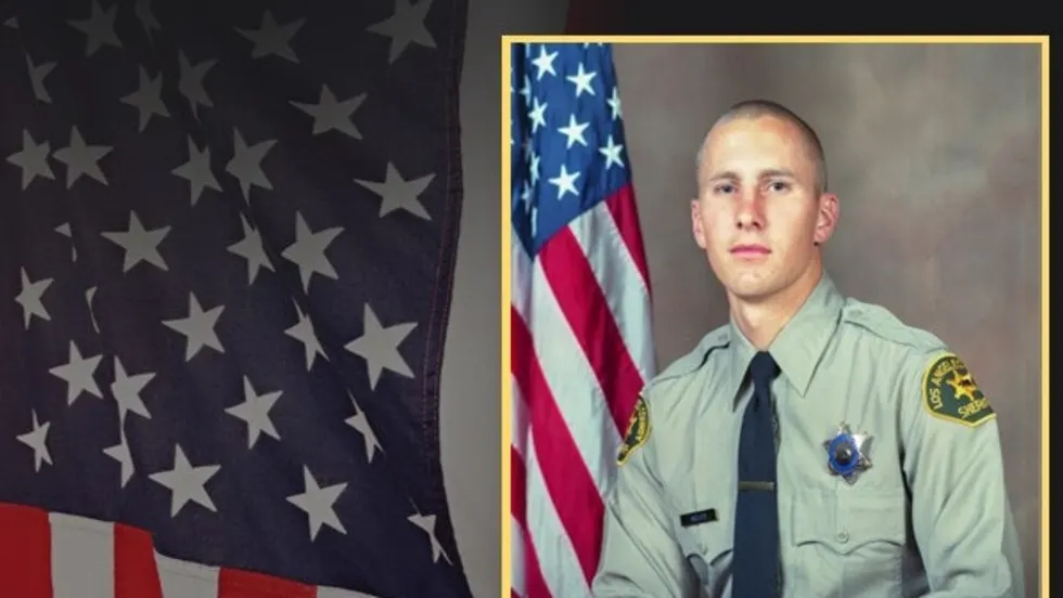 Los Angeles County Sheriff's Department official badge and portrait with American flag