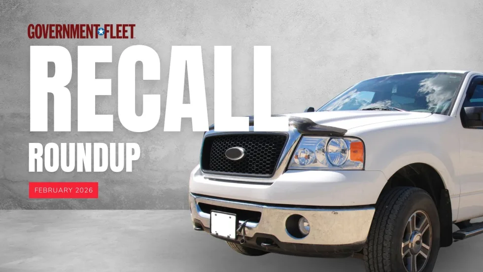 Graphic for Government Fleet’s February 2026 Recall Roundup showing a white pickup truck and bold text reading “RECALL ROUNDUP” with a red tag labeled “February 2026” on a concrete background.