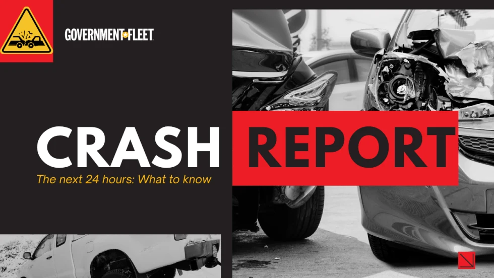 A graphic showing a car crash with text 'crash report.'