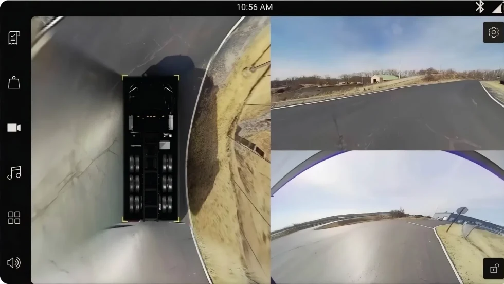 Display from Mack’s CommandView system showing multiple camera views designed to improve driver visibility and situational awareness around heavy-duty trucks in jobsites and urban environments.