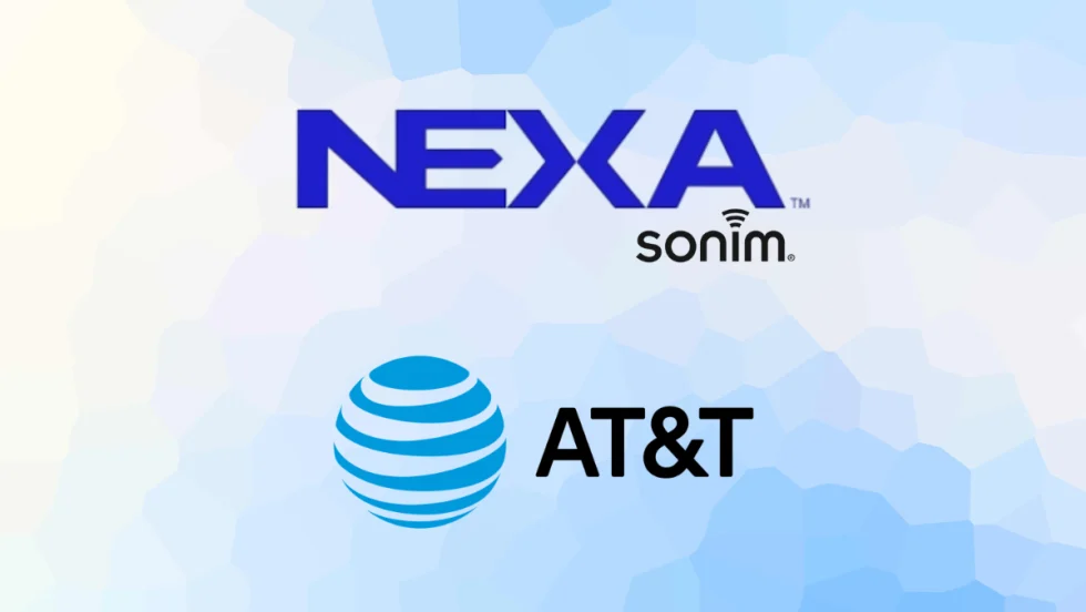 Logos of NEXA, Sonim, and AT&T displayed on a blue background, representing partnership supporting Sonim XP5plus 5G rugged device on 5G and FirstNet networks.