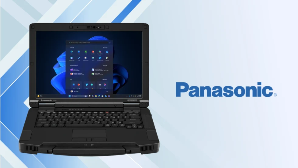 Panasonic TOUGHBOOK 56 rugged laptop with Windows interface displayed, designed for field use with durable build, modular components, and advanced connectivity features.