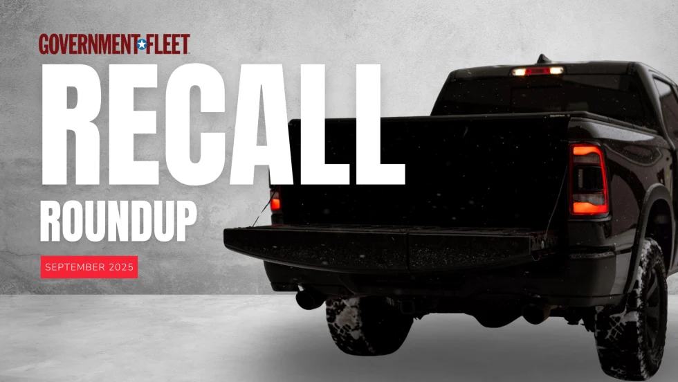 Black pickup truck with tailgate down on a gray background, alongside bold text reading “Government Fleet Recall Roundup, September 2025.”