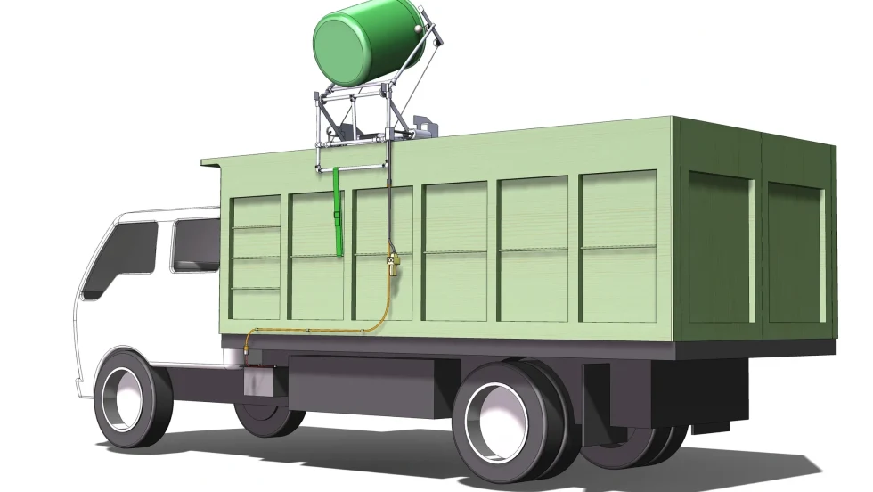 Illustration of the Carry Barrel Lift mounted on a dump truck, designed to lift and dump 60-gallon barrels for landscaping and debris removal operations.