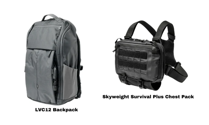 Backpack and a chest rig against a white background.