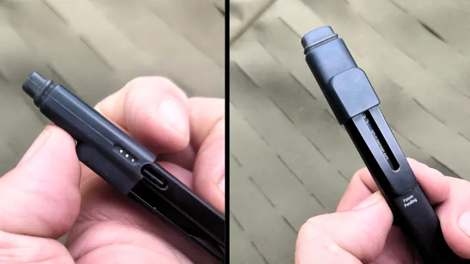 Side-by-side close-ups of the Streamlight Wedge SL flashlight show its USB-C charging port with indicator lights and the rear pocket clip, highlighting the slim everyday carry design and charging features.