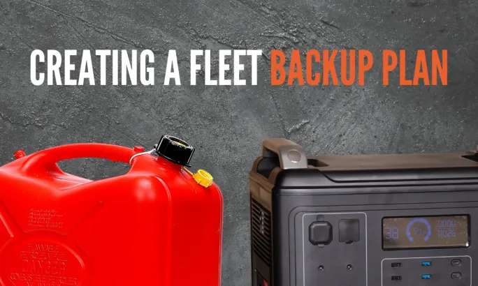 Gas can and portable battery generator illustrating a hybrid fleet backup power plan combining fuel and battery systems for outage resilience