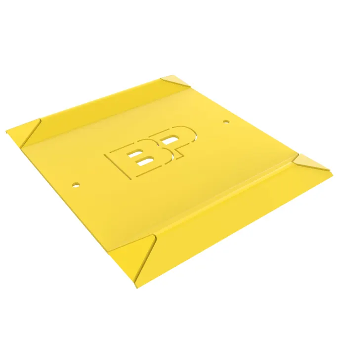 Yellow BendPak wheel spotting dish plate with raised edges designed to guide tire placement for accurate vehicle positioning on lifts.