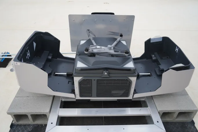 Drone sits in an automated rooftop launch station used by Mooresville Police for rapid emergency response and aerial situational awareness.