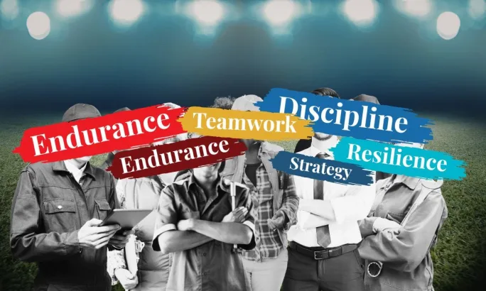 A group image of fleet team members with words such as endurance and discipline over their faces.