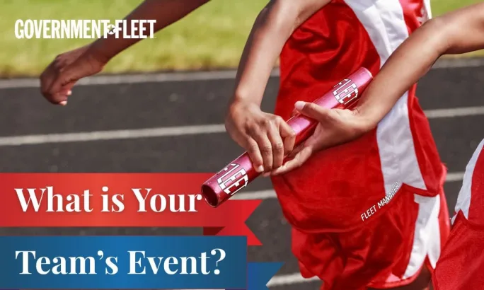 Two relay racers passing a baton that says fleet.