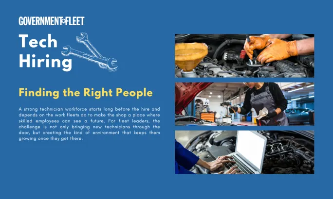 A graphic with the text tech hiring and images of technicians doing work.