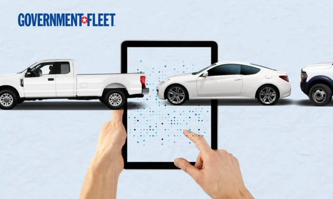 a graphic of a tablet with city vehicles.