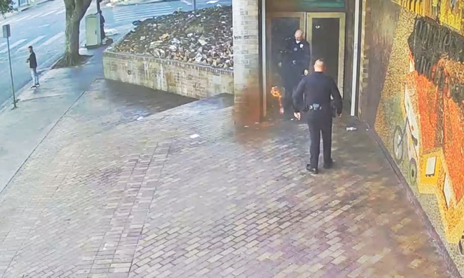 Video: Man Starts Fire at LAPD Station Door