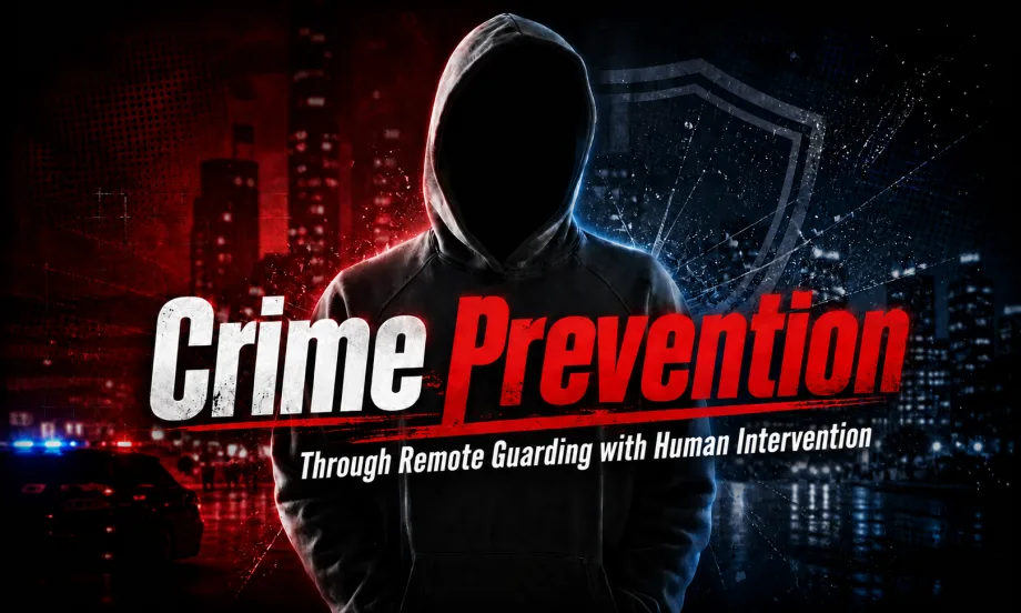 Graphic depicting crime prevention, featuring a shadowed hooded figure against a dark city backdrop with police lights and shield imagery. Text reads: “Crime Prevention Through Remote Guarding with Human Intervention.”
