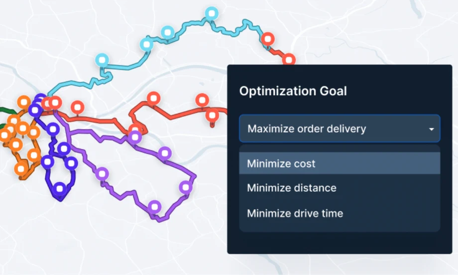A digital map showing multiple color-coded delivery routes with a pop-up menu titled "Optimization Goal," displaying options to maximize order delivery or minimize cost, distance, or drive time.