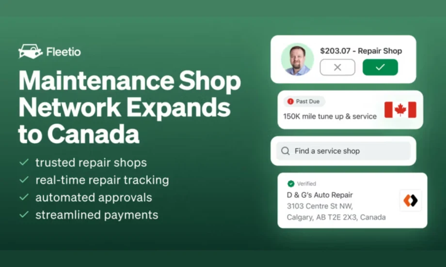 Graphic announcing Fleetio’s Maintenance Shop Network expansion into Canada, featuring icons for repair approvals, shop search, and verified service providers.