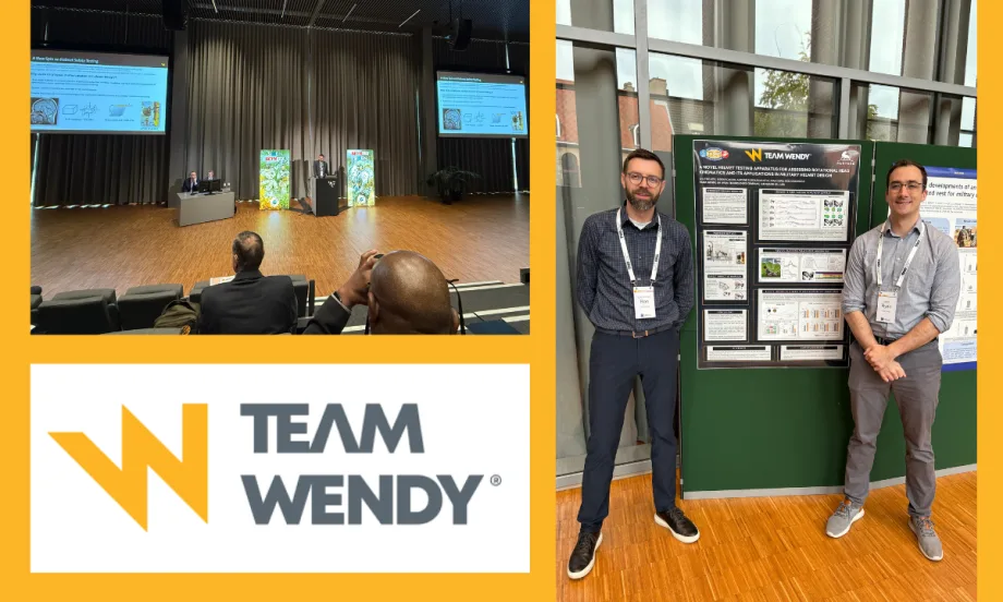 image of conference stage top left, inset image of two men standing at right, and lower left logo for Team Wendy