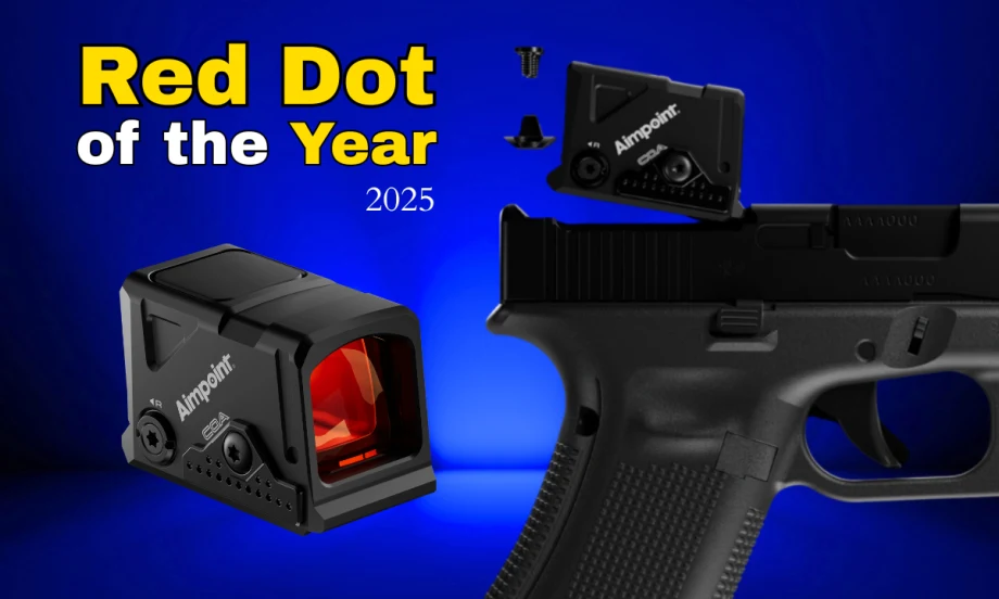 blue background with image of a red dot sight and also second image of the red dot on a handgun lower right