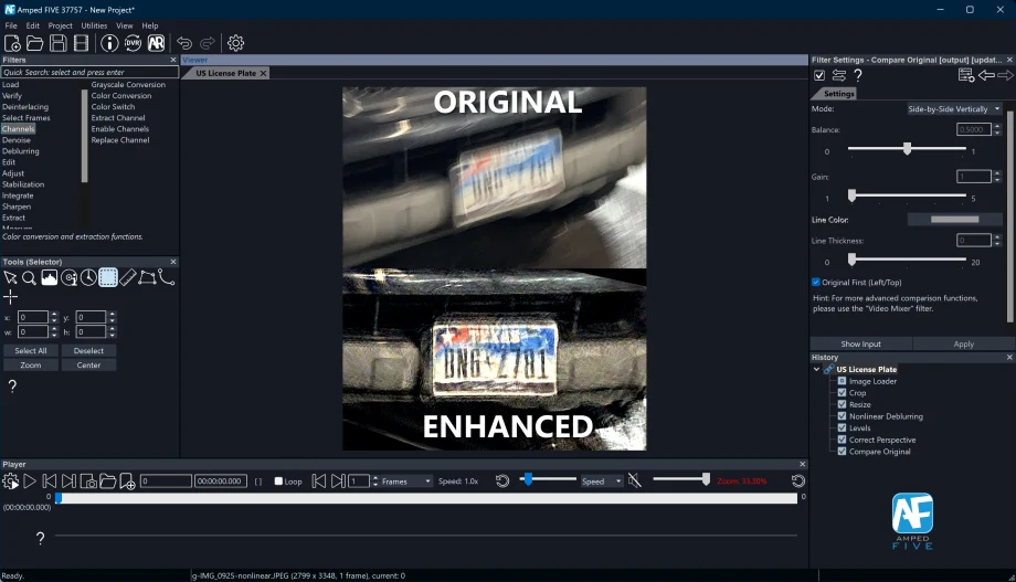 Screenshot of compute screen showing a blurred license plate compared to an image where the image has been enhanced to show the numbers and letters.