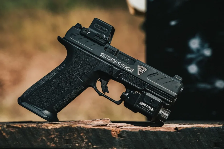 side view of a police handgun with engraving for West Virginia State Police