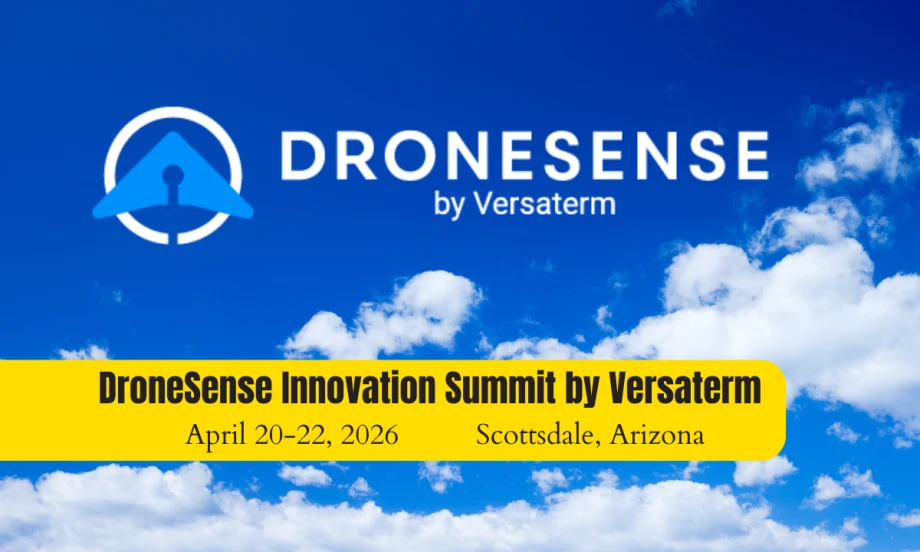Clooudy sky background with a lot of blue, logo for DroneSense, and dates and location of an upcoming event.