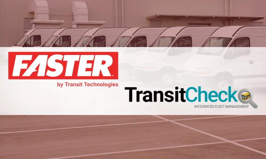 Faster and TransitCheck logos over a background of parked fleet vans, representing the integration of inspection and maintenance management systems.