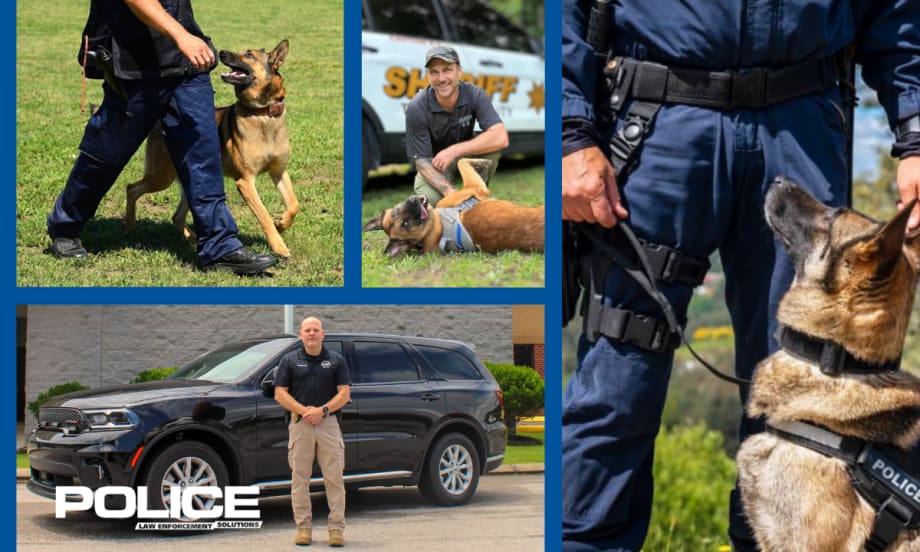 composit image of multiple police k-9 units training and a logo for POLICE.