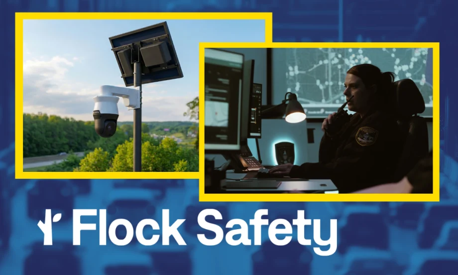 Tinted blue background image of traffic with inset images for an ALPR camera, a police dispatcher, and a logo for Flock Safety.