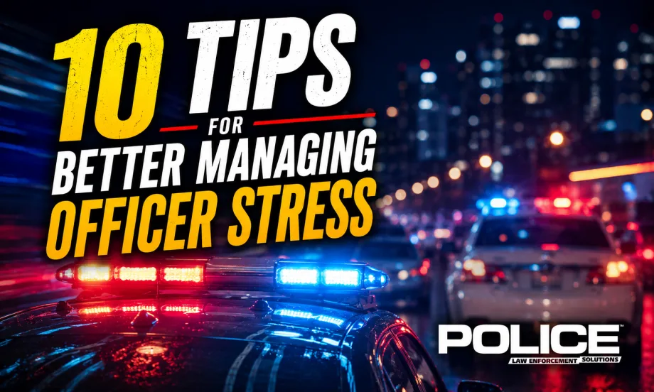 Graphic showing flashing police lights on patrol cars at night with bold headline text reading “10 Tips for Better Managing Officer Stress” against a blurred urban background.