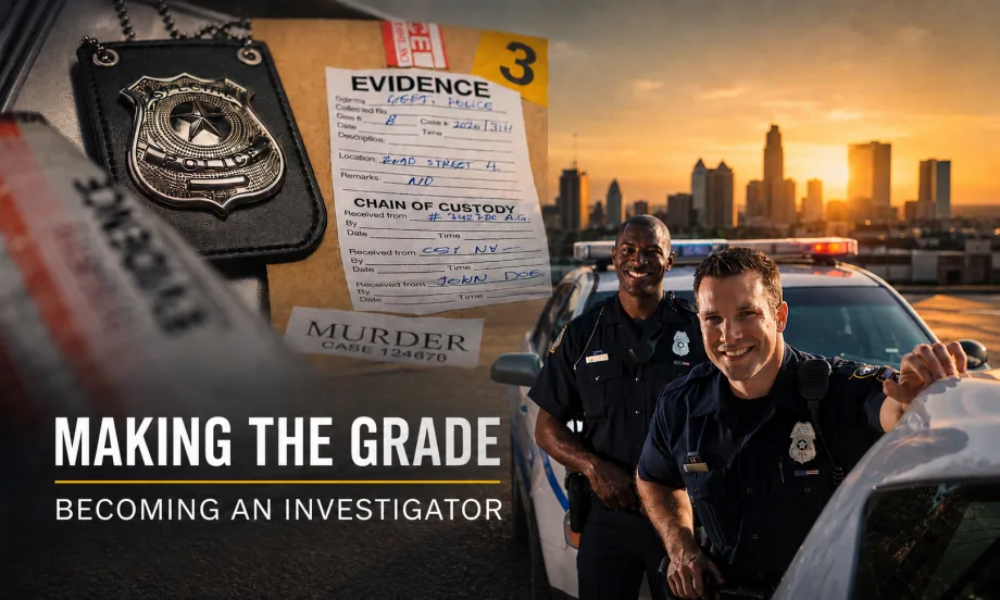image showing two police officers beside a patrol car at sunset, overlaid with a police badge and evidence file. Bold text reads “Making the Grade” with subhead “Becoming an Investigator.”