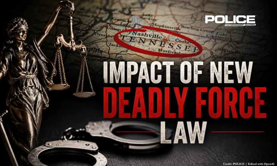 Graphic for a POLICE Magazine article on Tennessee’s new deadly force law, featuring Lady Justice, handcuffs, a Tennessee map with Nashville highlighted, and the headline “Impact of New Deadly Force Law.”