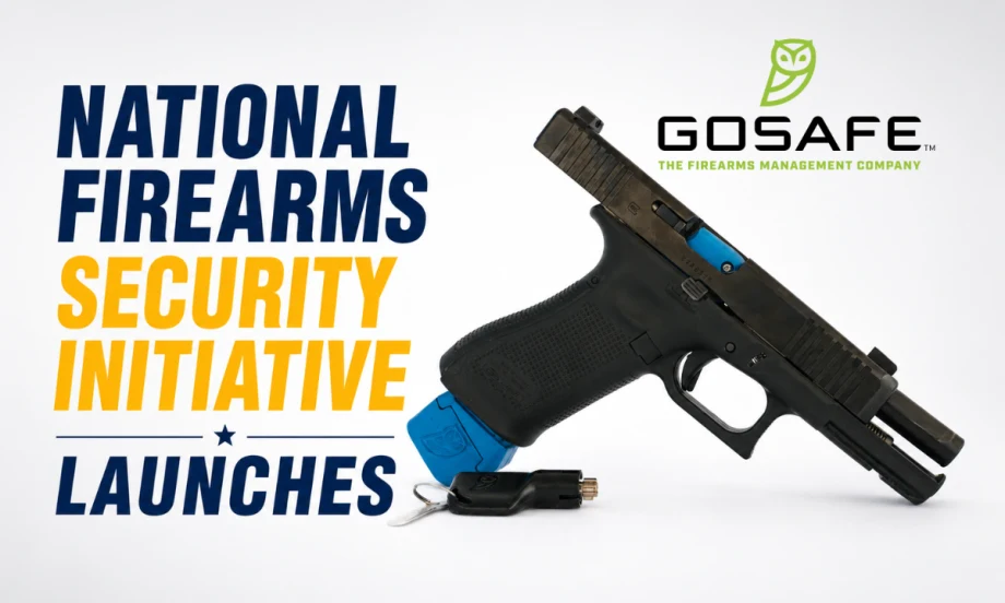 Graphic announcing the launch of the National Firearms Security Initiative, featuring the GoSafe logo, a partially disassembled handgun with blue safety components, and a key device, alongside bold blue and yellow headline text.