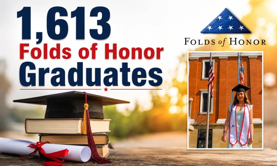 Graphic celebrating 1,613 Folds of Honor graduates, featuring graduation books, a diploma, a mortarboard cap, the Folds of Honor logo, and an inset photo of a graduate standing in front of a campus building.