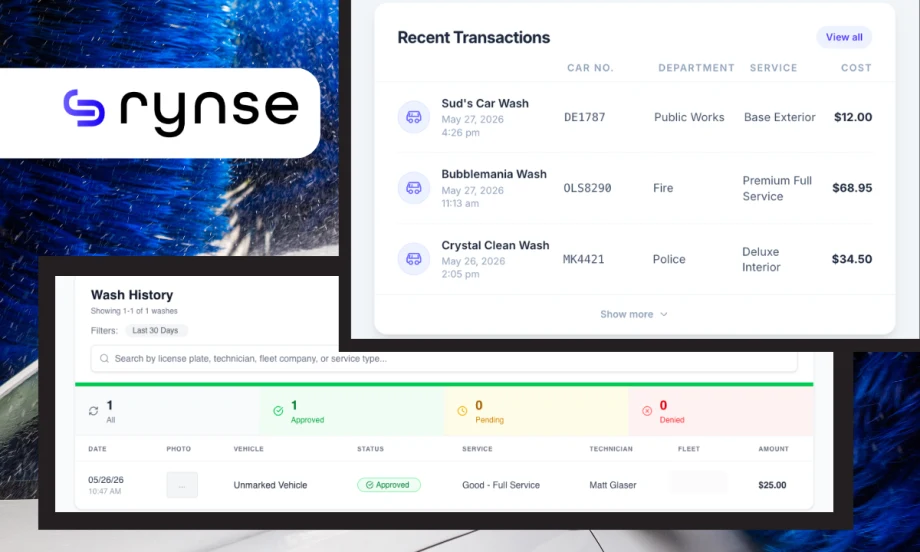 Screenshot of the Rynse fleet vehicle wash management platform, showing recent wash transactions, service costs, vehicle records, and wash history dashboards used to track, approve, and manage fleet cleaning services.