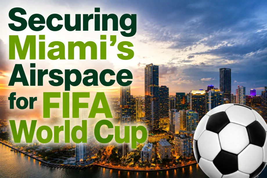 Graphic promoting airspace security for the FIFA World Cup, featuring the Miami skyline at sunset with large text reading “Securing Miami’s Airspace for FIFA World Cup” and a soccer ball in the foreground.