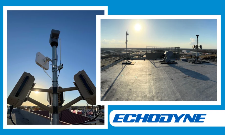 Collage showing rooftop surveillance and radar equipment installed on commercial buildings. One image features a close-up of mounted sensors and antennas; the other shows multiple monitoring systems across a rooftop. Echodyne logo displayed prominently below.