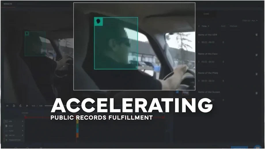 Screenshot of Veritone Redact software automatically detecting and obscuring a driver's face in dashcam video. Headline reads, “Accelerating Public Records Fulfillment,” highlighting AI-powered video redaction for public safety agencies.
