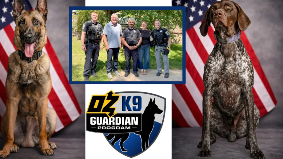 Graphic promoting the OZ K9 Guardian Program, featuring two working dogs, a group of law enforcement officers, and the program logo against American flag backgrounds, highlighting support for police K-9 teams.
