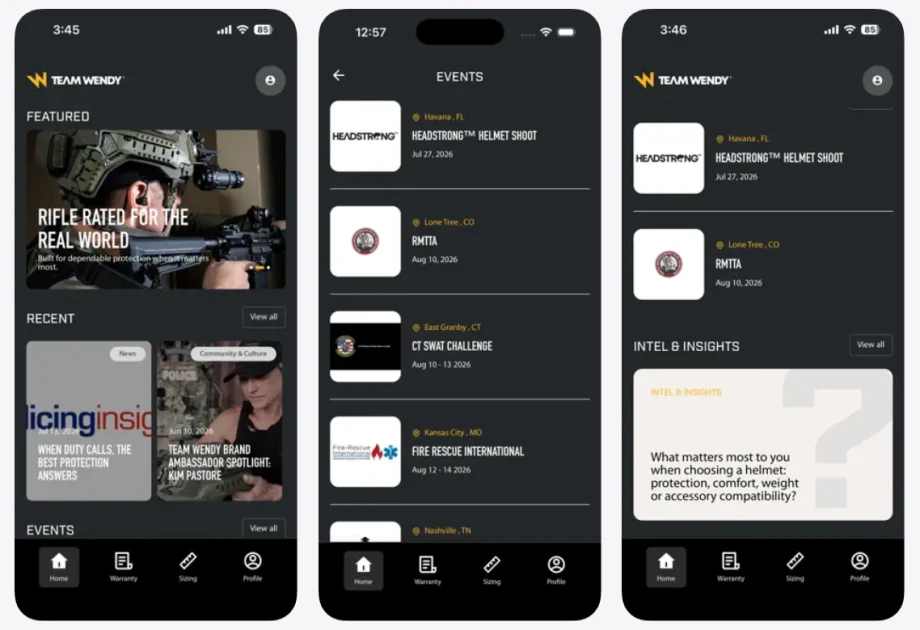 Three smartphone screens display the Team Wendy community app, featuring tactical gear content, upcoming events, news, surveys, and navigation tools for warranty, sizing, and user profiles.