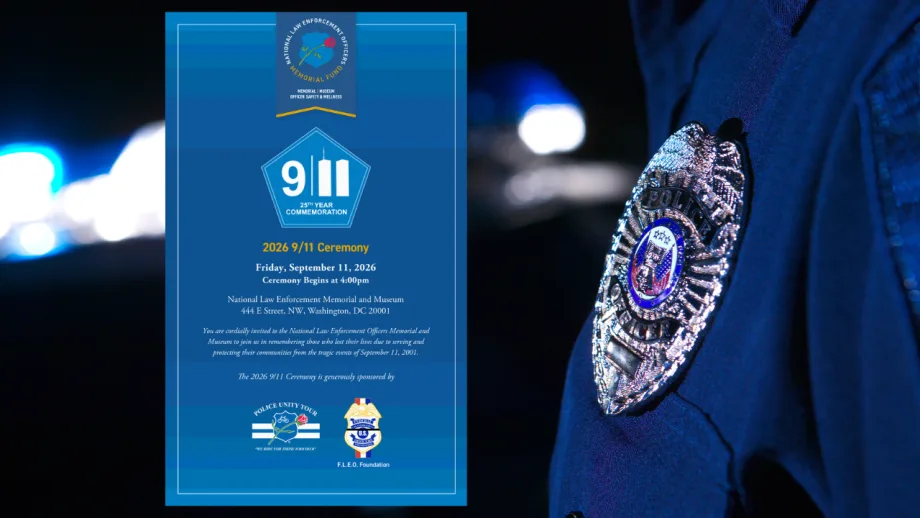 National Law Enforcement Officers Memorial Fund graphic for the 2026 9/11 commemoration ceremony beside a close-up of a police officer’s badge, with blurred emergency lights in the background.