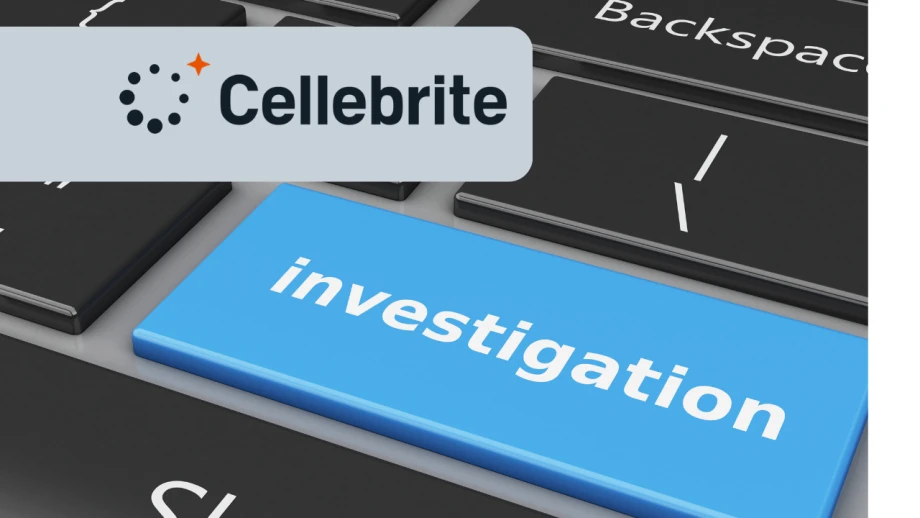 Cellebrite logo over a close-up computer keyboard featuring a large blue “investigation” key, illustrating digital investigation technology and forensic tools.