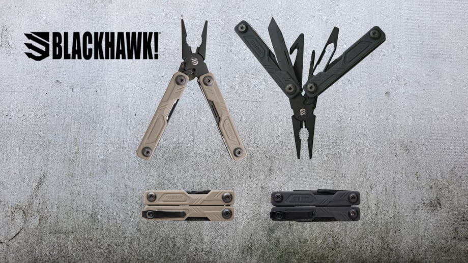 BLACKHAWK! Mini EDC multitools displayed in tan and black, showing open pliers, knives, and other tools alongside their folded configurations against a textured gray background with the BLACKHAWK! logo.