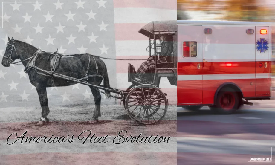 an horse drawn ambulance and modern ambulance with an American flag overlay and the words Americas Fleet Evolution