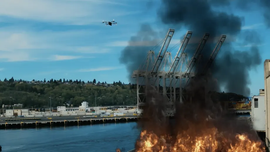 drone flying over fire