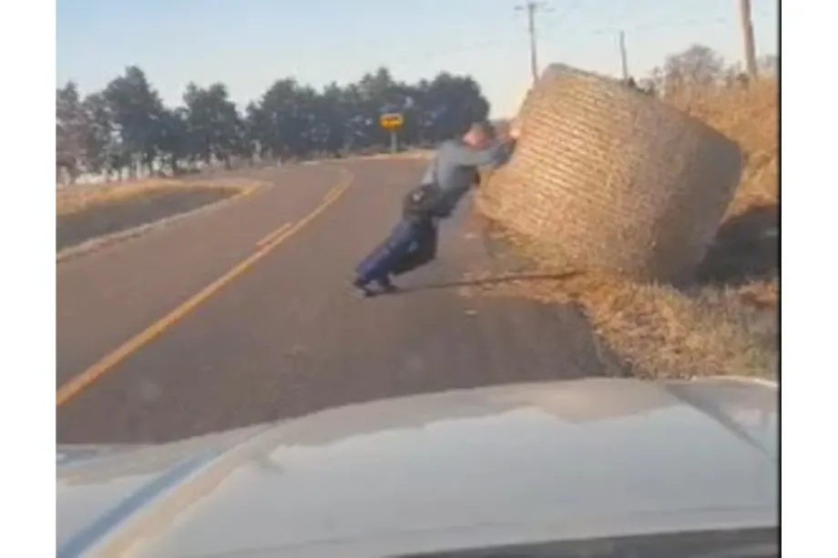 Missouri Trooper Muscles Massive Haybale Off of Road